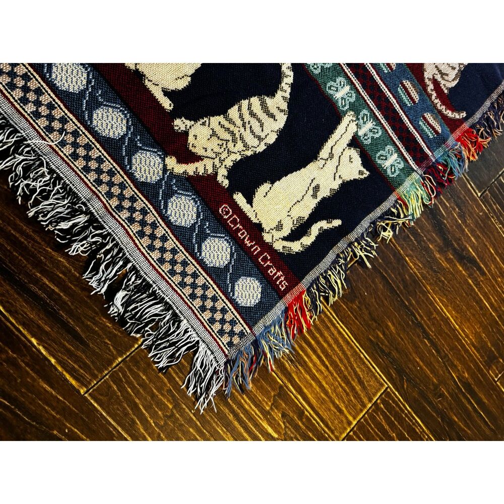 Crown Crafts Blue Green Cats Yarn Playing Fringe Woven Reversible Throw Blanket